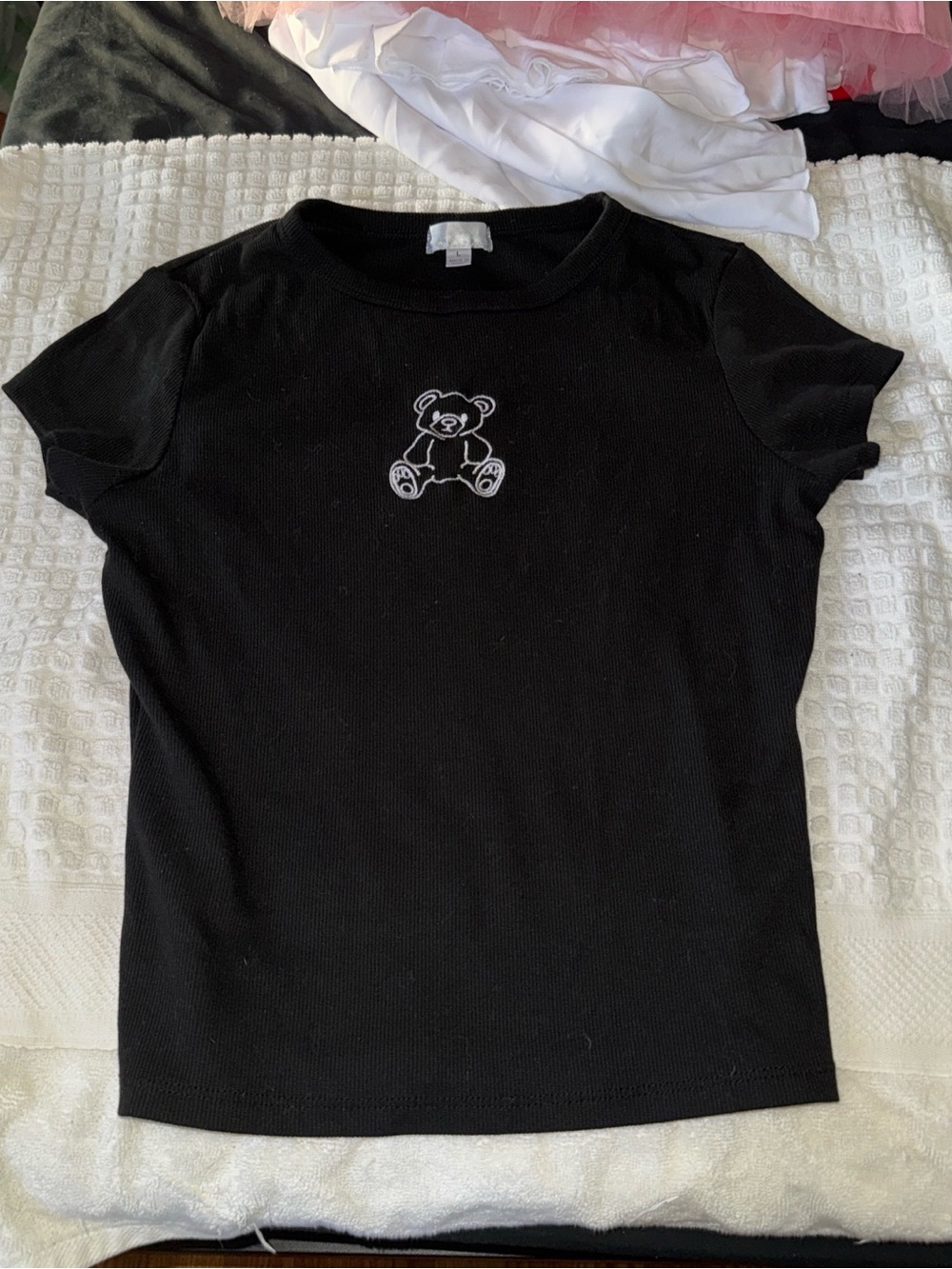 Juniors Black Short Sleeve Tee with Teddy Embroidery
